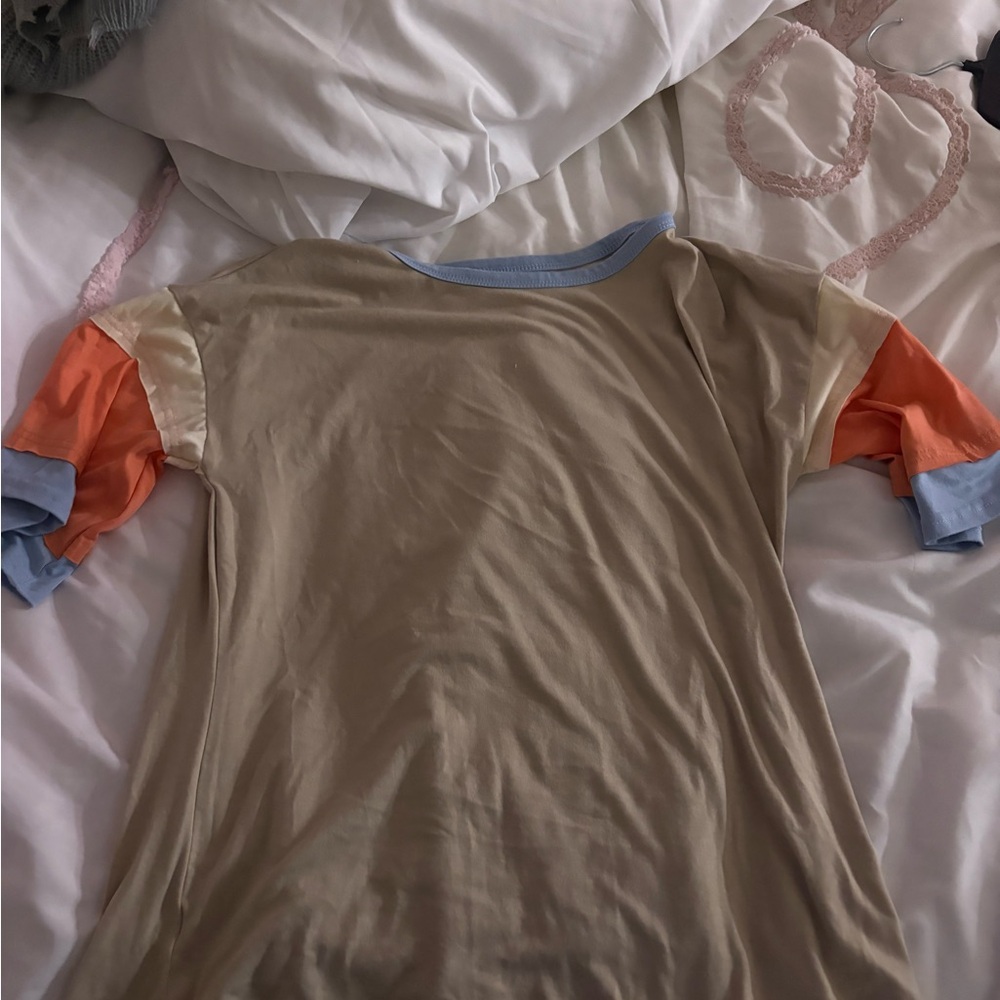 SHEIN Tan Tee with Orange and Blue Details